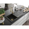 Mexen Bruno granite kitchen sink 1-bowl with drainer and kitchen faucet Savita, black/golden metallic - 6513-75-672601-50