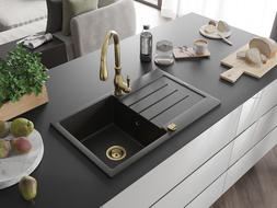 Mexen Bruno 1-bowl granite sink with drainer and Savita kitchen tap, black/golden metallic - 6513-75-672601-50