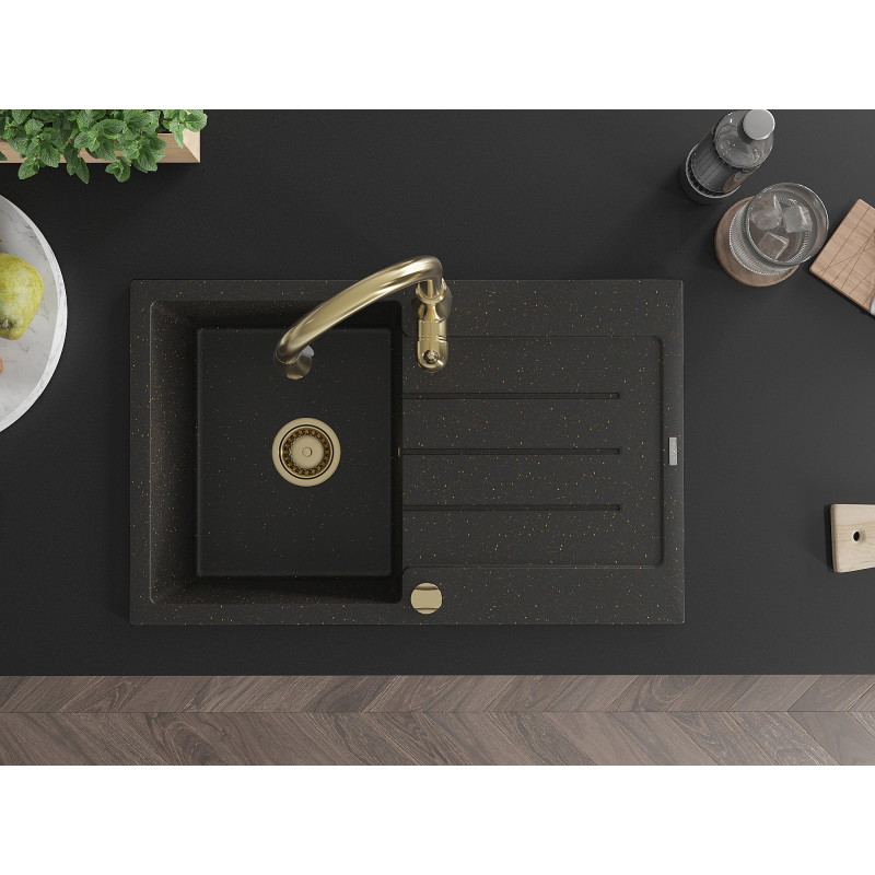 Mexen Bruno granite kitchen sink 1-bowl with drainer and kitchen faucet Savita, black/golden metallic - 6513-75-672601-50