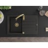Mexen Bruno 1-bowl granite sink with drainer and Savita kitchen tap, black/golden metallic - 6513-75-672601-50