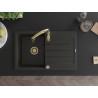 Mexen Bruno granite kitchen sink 1-bowl with drainer and kitchen faucet Savita, black/golden metallic - 6513-75-672601-50