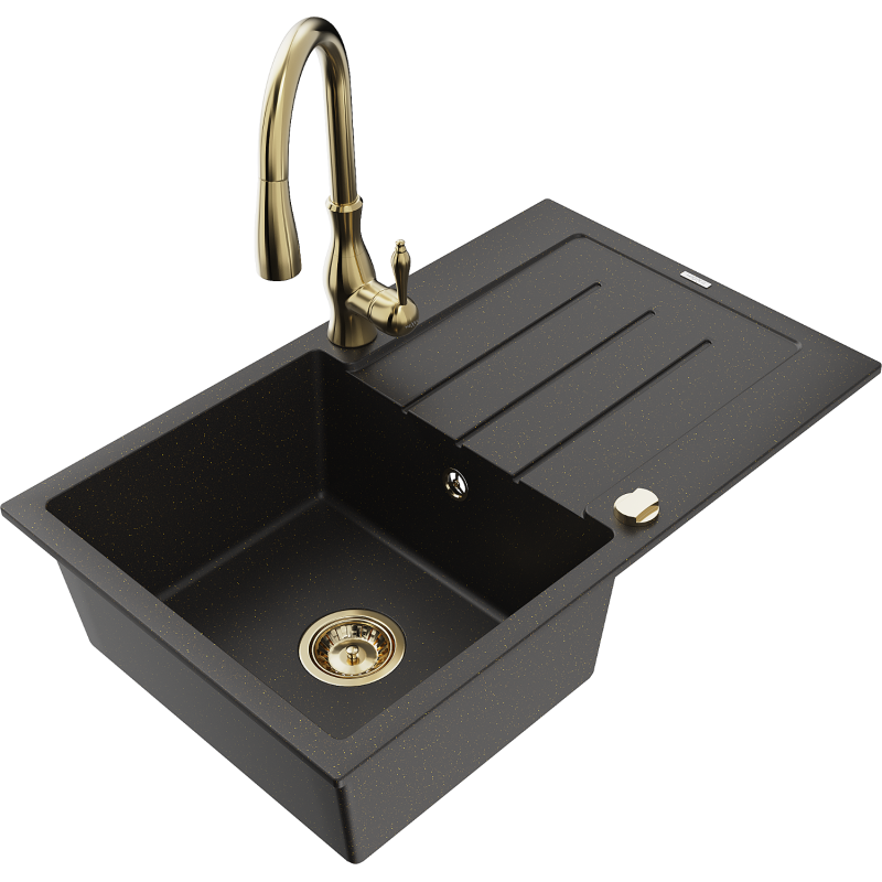Mexen Bruno 1-bowl granite sink with drainer and Savita kitchen tap, black/golden metallic - 6513-75-672601-50