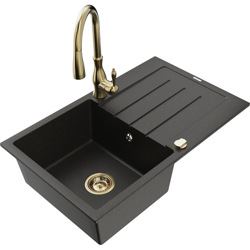 Mexen Bruno granite kitchen sink 1-bowl with drainer and kitchen faucet Savita, black/golden metallic - 6513-75-672601-50