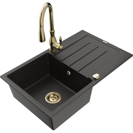 Mexen Bruno 1-bowl granite sink with drainer and Savita kitchen tap, black/golden metallic - 6513-75-672601-50