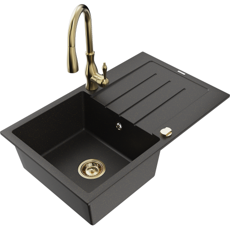 Mexen Bruno granite kitchen sink 1-bowl with drainer and kitchen faucet Savita, black/golden metallic - 6513-75-672601-50