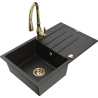 Mexen Bruno granite kitchen sink 1-bowl with drainer and kitchen faucet Savita, black/golden metallic - 6513-75-672601-50