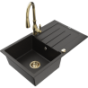 Mexen Bruno granite kitchen sink single-bowl with drainer and kitchen faucet Savita, black/gold metallic - 6513-75-672601-50