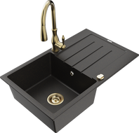 Mexen Bruno 1-bowl granite sink with drainer and Savita kitchen tap, black/golden metallic - 6513-75-672601-50
