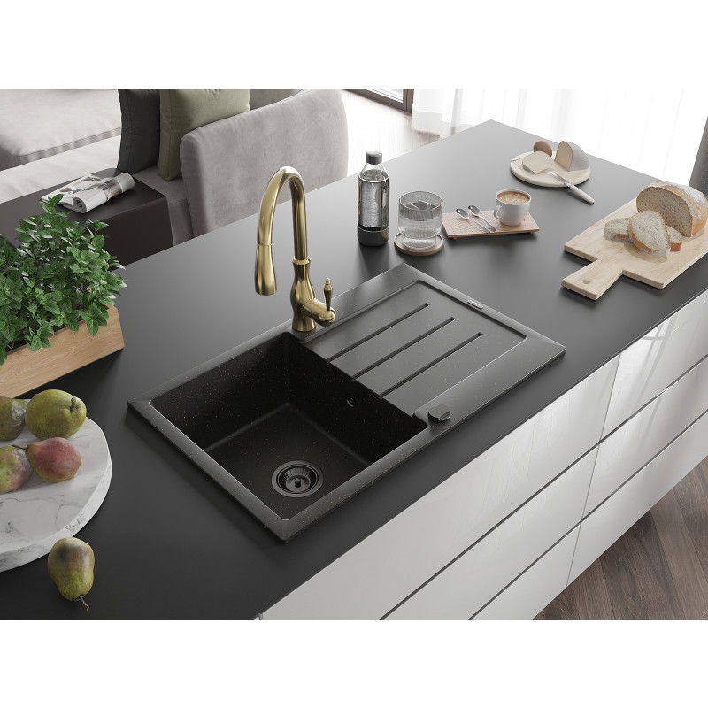 Mexen Bruno granite sink 1-bowl with drainer and Savita kitchen tap, black/golden metallic - 6513-75-672601-50-B