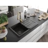 Mexen Bruno 1-compartment granite sink with a drip tray and kitchen mixer tap Savita, Black/Gold metallic - 6513-75-672601-50-B