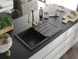 Mexen Bruno granite sink 1-bowl with drainer and Savita kitchen faucet, black/golden metallic - 6513-75-672601-50-B