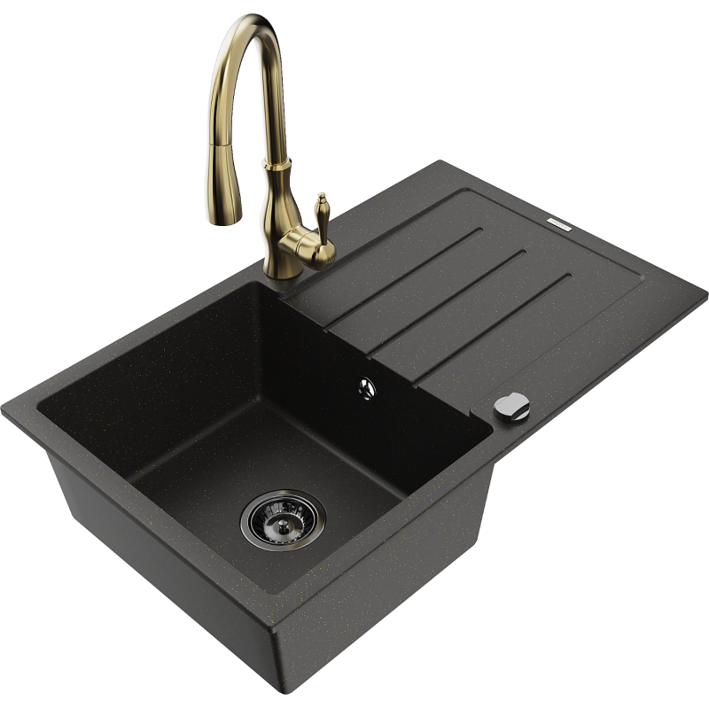 Mexen Bruno 1-compartment granite sink with a drip tray and kitchen mixer tap Savita, Black/Gold metallic - 6513-75-672601-50-B