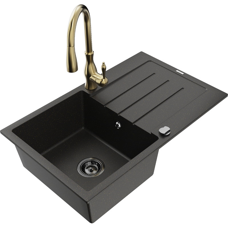 Mexen Bruno granite sink 1-bowl with drainer and Savita kitchen faucet, black/golden metallic - 6513-75-672601-50-B