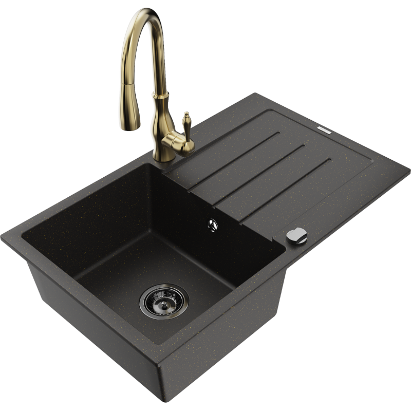 Mexen Bruno granite sink 1-bowl with drainer and Savita kitchen tap, black/golden metallic - 6513-75-672601-50-B