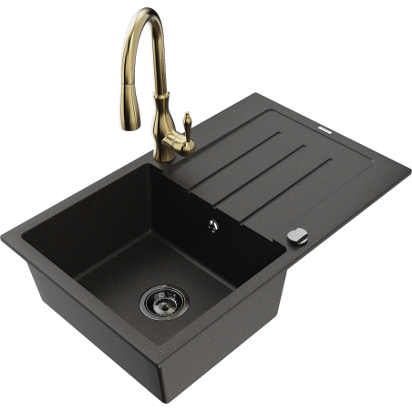 Mexen Bruno granite kitchen sink 1-bowl with drainer and Savita kitchen faucet, black/gold metallic - 6513-75-672601-50-B