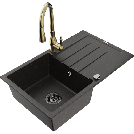 Mexen Bruno granite sink 1-bowl with drainer and Savita kitchen tap, black/golden metallic - 6513-75-672601-50-B