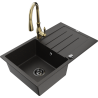 Mexen Bruno granite sink 1-bowl with drainer and Savita kitchen faucet, black/golden metallic - 6513-75-672601-50-B
