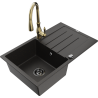 Mexen Bruno granite sink 1-bowl with drainer and Savita kitchen tap, black/golden metallic - 6513-75-672601-50-B