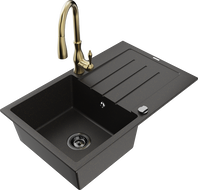 Mexen Bruno granite sink 1-bowl with drainer and Savita kitchen faucet, black/golden metallic - 6513-75-672601-50-B