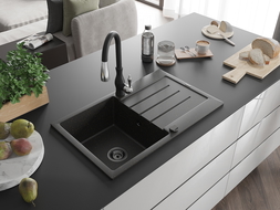 Mexen Bruno 1-compartment granite sink with a drip tray and kitchen mixer tap Savita, Black/Gold metallic - 6513-75-672601-70-B