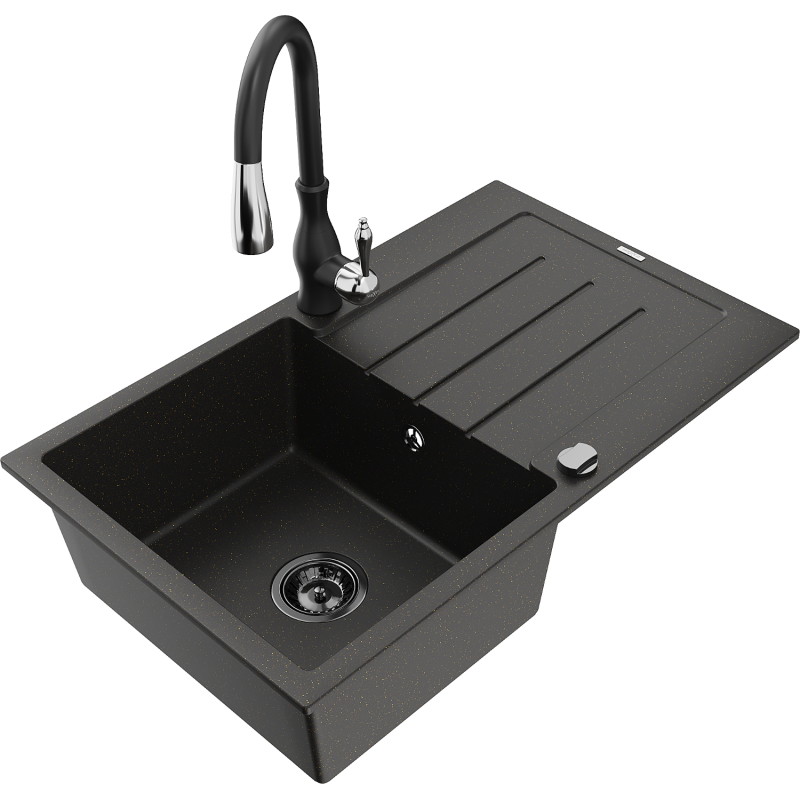 Mexen Bruno 1-bowl granite sink with drainer and Savita kitchen faucet, black/gold metallic - 6513-75-672601-70-B