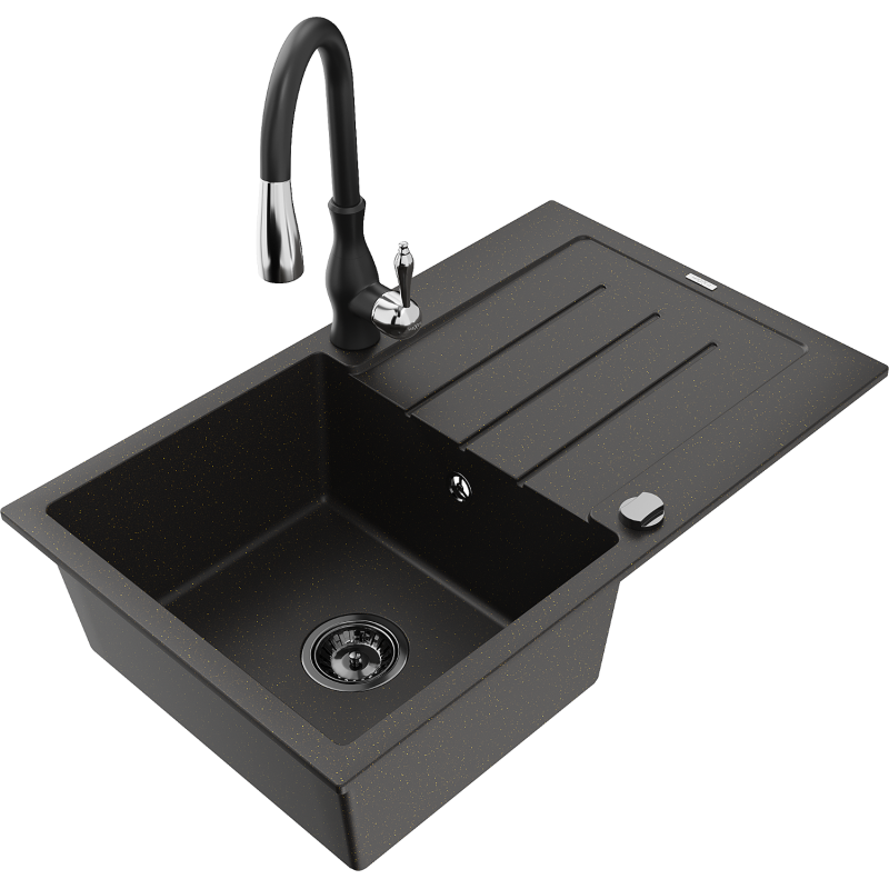 Mexen Bruno 1-compartment granite sink with a drip tray and kitchen mixer tap Savita, Black/Gold metallic - 6513-75-672601-70-B