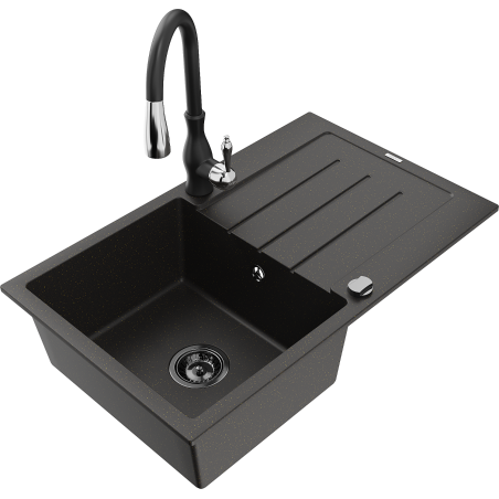 Mexen Bruno 1-bowl granite sink with drainer and Savita kitchen faucet, black/gold metallic - 6513-75-672601-70-B