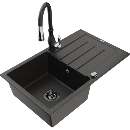 Mexen Bruno 1-bowl Granite Sink with Drainer and Savita Kitchen Tap, Black/Gold Metallic - 6513-75-672601-70-B