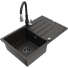 Mexen Bruno 1-bowl granite sink with drainer and Savita kitchen faucet, black/gold metallic - 6513-75-672601-70-B