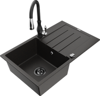 Mexen Bruno 1-bowl granite sink with drainer and Savita kitchen faucet, black/gold metallic - 6513-75-672601-70-B