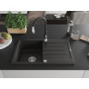Mexen Bruno granite kitchen sink with 1-bowl, drainer, and Savita kitchen faucet, black/golden metallic - 6513-75-672601-70