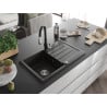 Mexen Bruno 1-bowl granite sink with drainer and Savita kitchen tap, black/gold metallic - 6513-75-672601-70