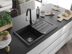 Mexen Bruno granite kitchen sink with 1-bowl, drainer, and Savita kitchen faucet, black/golden metallic - 6513-75-672601-70