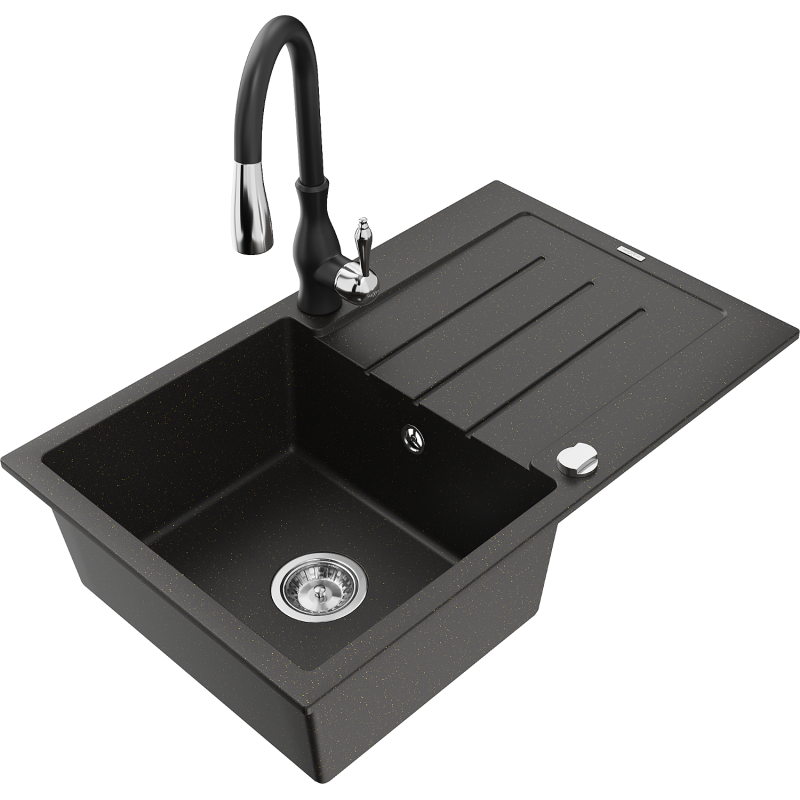 Mexen Bruno 1-bowl granite sink with drainer and Savita kitchen tap, black/gold metallic - 6513-75-672601-70