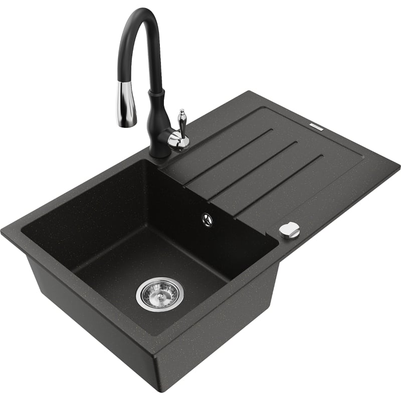 Mexen Bruno granite kitchen sink with 1-bowl, drainer, and Savita kitchen faucet, black/golden metallic - 6513-75-672601-70