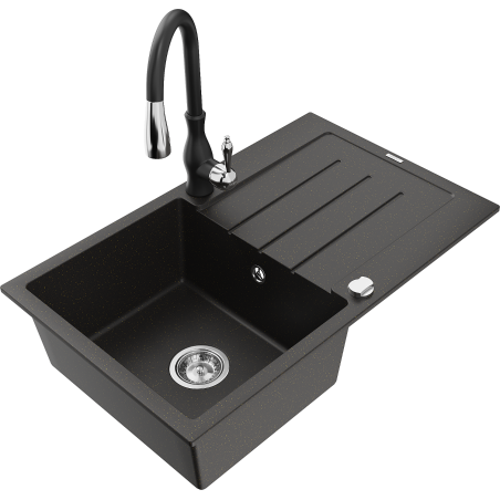 Mexen Bruno 1-bowl granite sink with drainer and Savita kitchen tap, black/gold metallic - 6513-75-672601-70