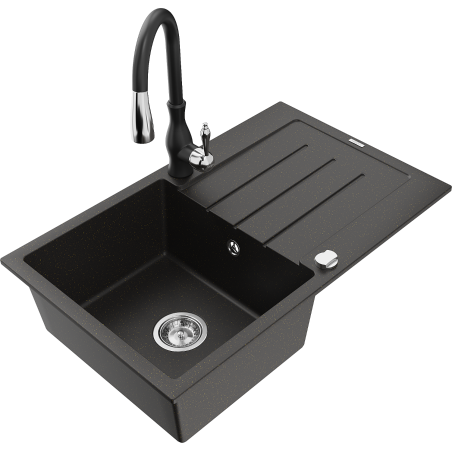 Mexen Bruno granite kitchen sink with 1-bowl, drainer, and Savita kitchen faucet, black/golden metallic - 6513-75-672601-70