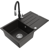 Mexen Bruno granite kitchen sink with 1-bowl, drainer, and Savita kitchen faucet, black/golden metallic - 6513-75-672601-70