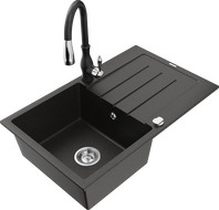 Mexen Bruno granite kitchen sink with 1-bowl, drainer, and Savita kitchen faucet, black/golden metallic - 6513-75-672601-70