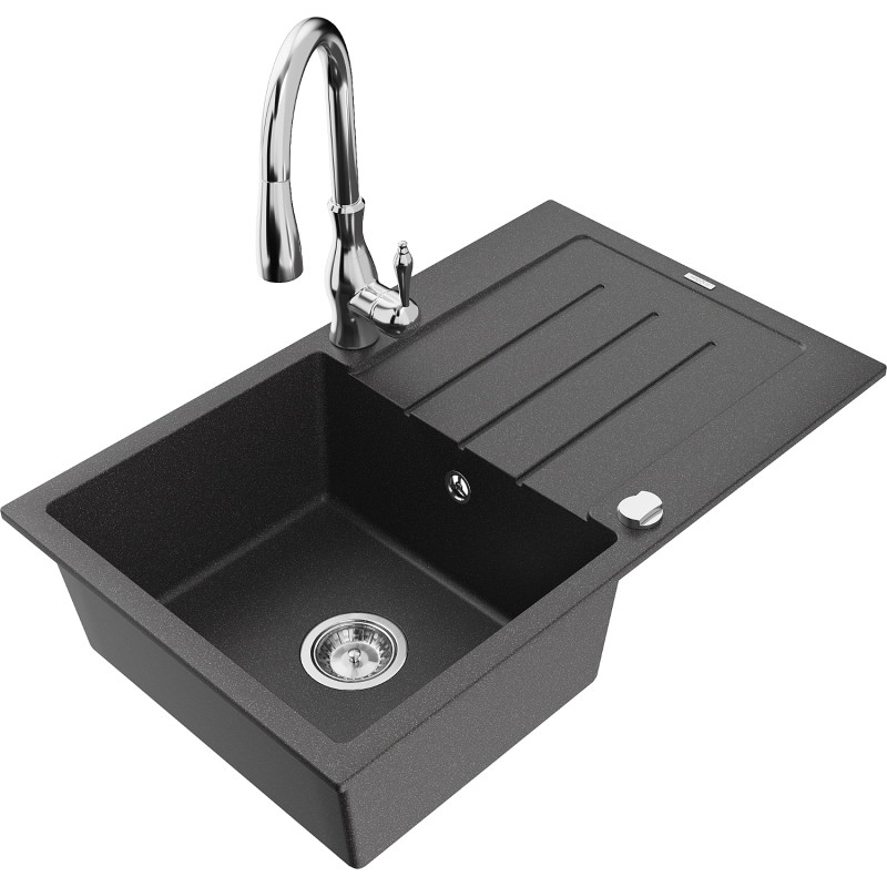 Mexen Bruno 1-bowl granite sink with drainer and Savita kitchen faucet, speckled black - 6513-76-672601-00
