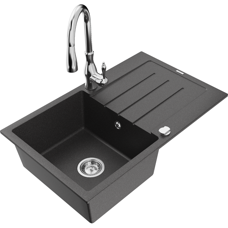 Mexen Bruno 1-compartment granite sink with a drip tray and kitchen mixer tap Savita, spotted black - 6513-76-672601-00
