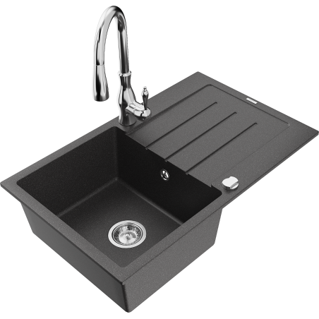 Mexen Bruno granite kitchen sink 1-bowl with drainer and Savita kitchen faucet, speckled black - 6513-76-672601-00