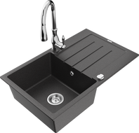Mexen Bruno granite kitchen sink 1-bowl with drainer and Savita kitchen tap, speckled black - 6513-76-672601-00