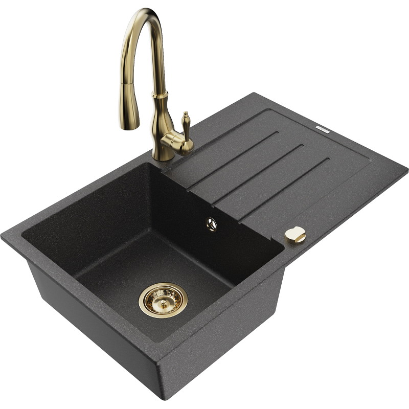 Mexen Bruno Granite Kitchen Sink 1-Bowl with Drainer and Savita Kitchen Faucet, Speckled Black - 6513-76-672601-50