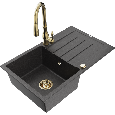Mexen Bruno 1-compartment granite sink with a drip tray and kitchen mixer tap Savita, spotted black - 6513-76-672601-50