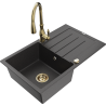 Mexen Bruno 1-bowl granite sink with drainer and Savita kitchen faucet, black speckled - 6513-76-672601-50