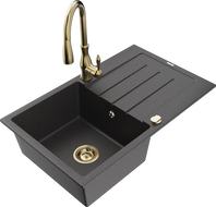 Mexen Bruno granite sink 1-bowl with drainer and Savita kitchen tap, black speckled - 6513-76-672601-50