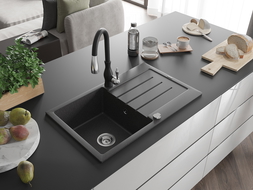 Mexen Bruno granite sink 1-bowl with drainer and Savita kitchen tap, speckled black - 6513-76-672601-70