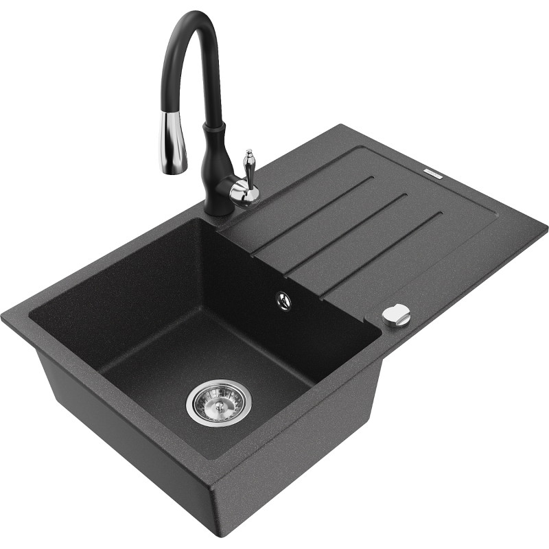 Mexen Bruno granite kitchen sink 1-bowl with drainer and Savita kitchen faucet, black speckled - 6513-76-672601-70