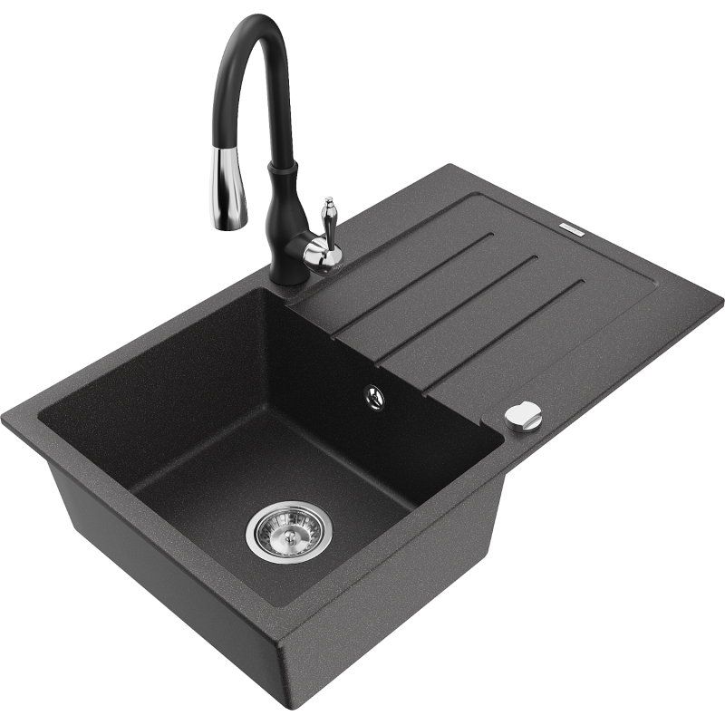 Mexen Bruno granite sink 1-bowl with drainer and Savita kitchen tap, speckled black - 6513-76-672601-70